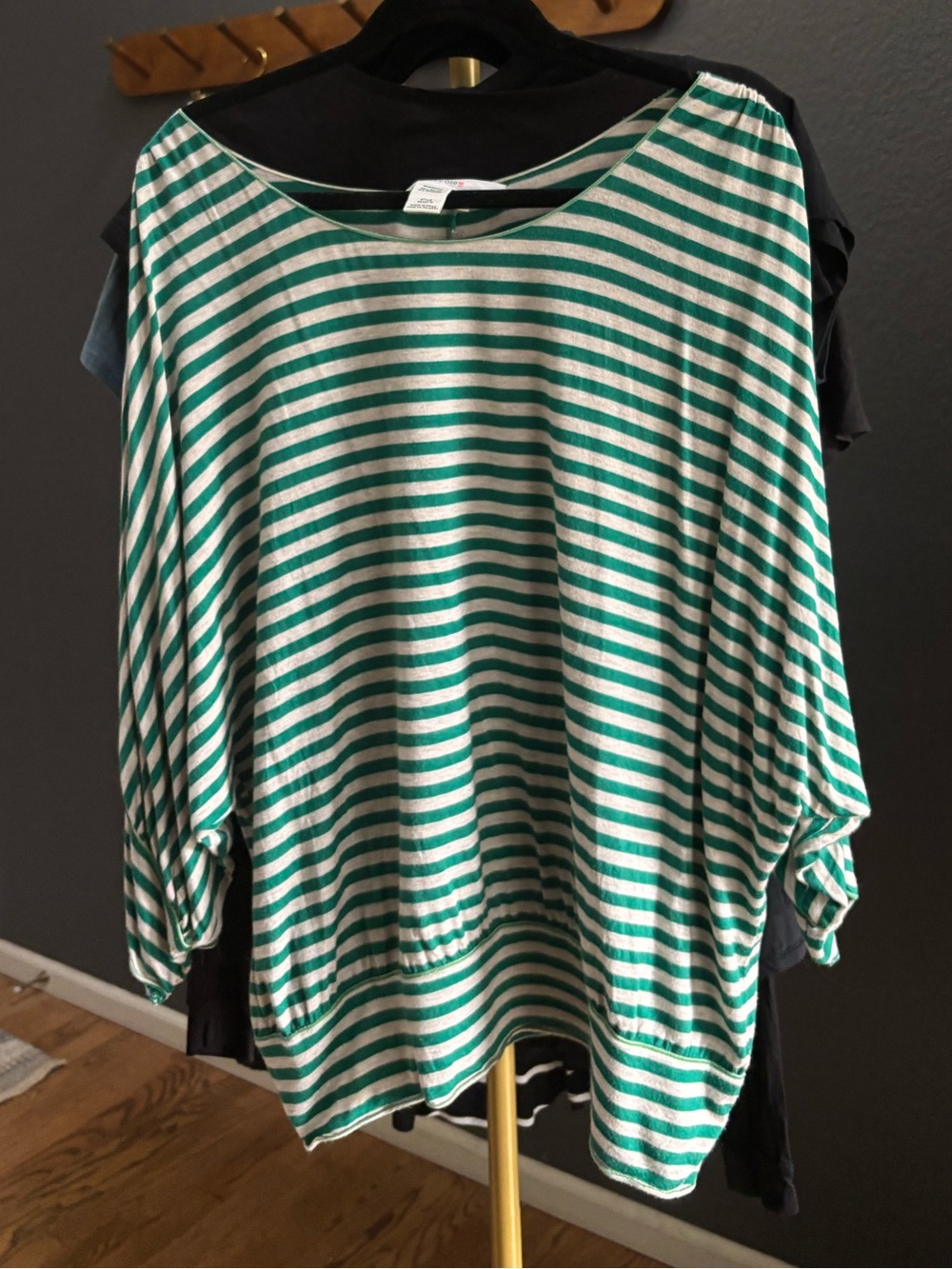 Studio M || Green & Heather Tan Striped Boatneck Tunic w large waistband, draped